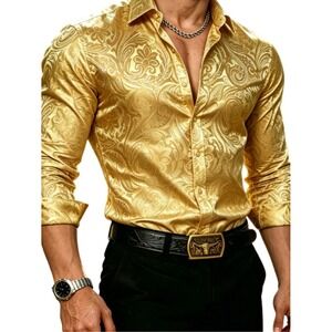 Barry Wang Med gold paisley silk dress shirt long sleeve party festive